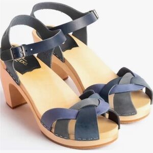 Swedish Hasbeens Kringlan Blue Heeled Clog Sandals